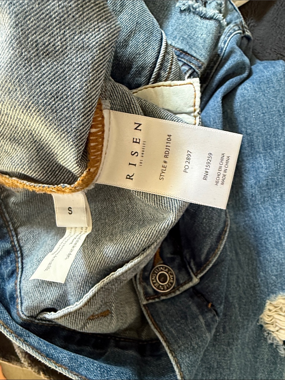 RISEN WOMEN’S DISTRESSED JEAN JACKET/DETACHABLE GRAY HOOD/SMALL - Picture 9 of 9